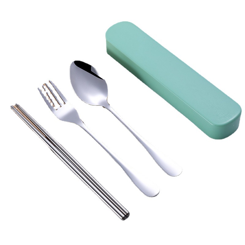 Juego de vajilla de acero inoxidable cuchillo, tenedor y cuchara vajilla portátil de tres piezas caja de regalo al aire libre vajilla de una pieza conjunto de cuatro piezas