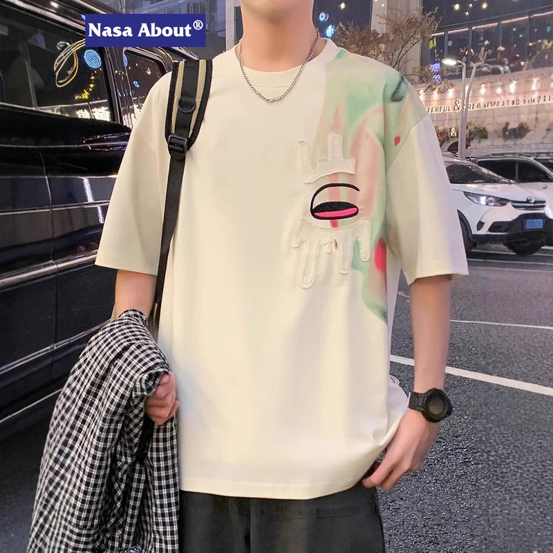 Nasa Ice Silk Short-Sleeved T-Shirt Men's Summer Thin Round Neck T-Shirt Trendy Brand Contrasting Color Splicing Design Casual