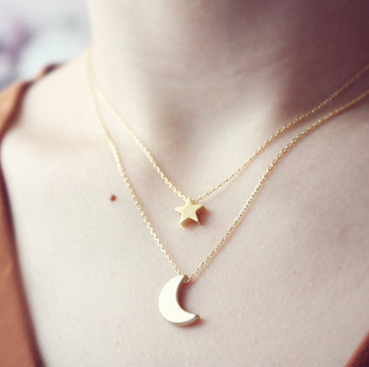 Europe and America New Gold Pendant collarbone chain creative retro simple Star Moon Love Pendant Necklace