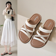 时尚新款平底一字带罗马拖鞋女舒适休闲纯色水钻凉拖女海边沙滩鞋