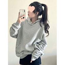重磅美式休闲慵懒风纽扣灰色连帽卫衣女秋冬季加绒宽松百搭上衣服