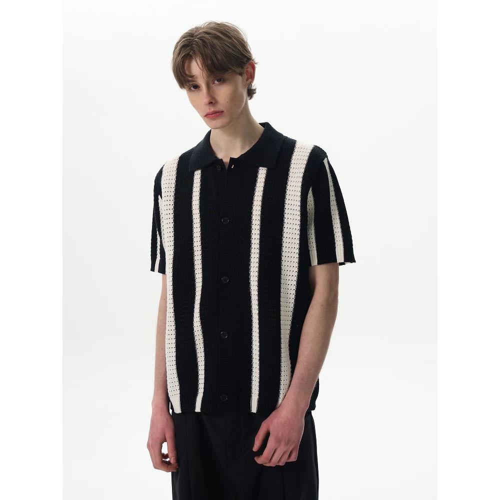 POLO camisa solapa suéter de manga corta hombres rayas huecas negocios británicos slim fit hielo seda verano comercio exterior transfronterizo al por mayor
