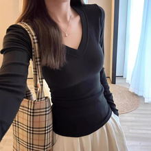 【工厂直销】正肩收腰V领长袖t恤女秋季纯欲修身辣妹紧身内搭上衣