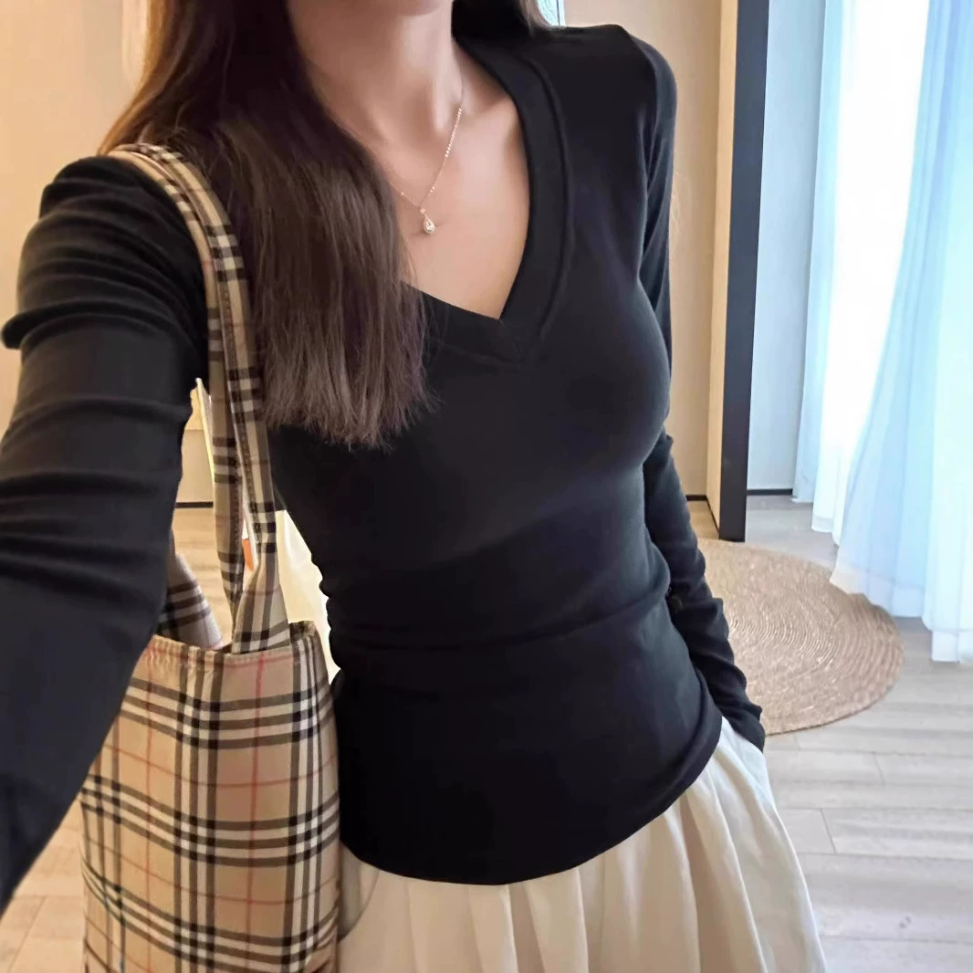 [Прямые продажи фабрики] Футболка с длинным рукавом V-образный вырез на плече