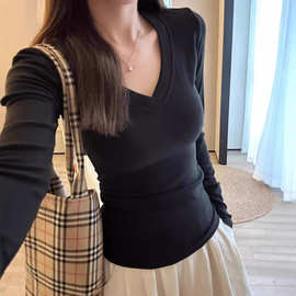 【工厂直销】正肩收腰V领长袖t恤女秋季纯欲修身辣妹紧身内搭上衣