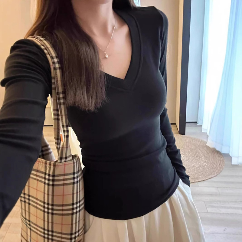 [Factory Outlet] Shoulder Waistline V-neck Long Sleeve T-shirt Women's Autumn Pure Desire Slim Spice Girl Tight Inner Top