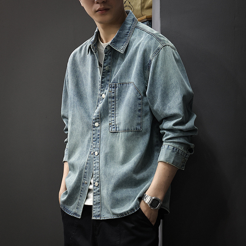 Spring New Lyocell Tencel Denim Shirt Men's Trendy Retro Washed Long Sleeve Shirt American Casual Jacket