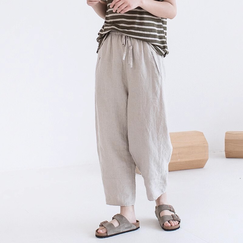 2025 New Summer Style Imported Linen Fabric Simple and Versatile Elastic Waist Loose Rain Dew Linen 9-Point Pants
