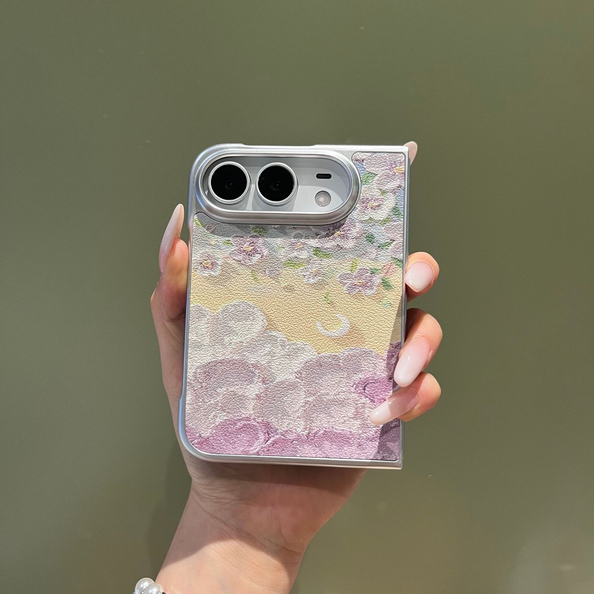 Ins-Style Floral Phone Case Compatible with iPhone, Oil Painting Moon Flowers Matte PC Protective Cover