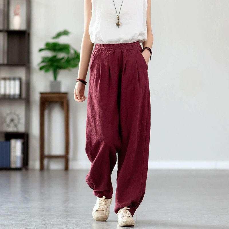 Casual Spring Trousers, cotton-linen blend, loose fit, mid-rise, multi-color sizes S–L