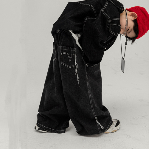 Kids' Straight Leg Jeans 2024 Spring Collection Korean Style Wide Leg Pants with Oceanic Style Braces, Versatile and Trendy