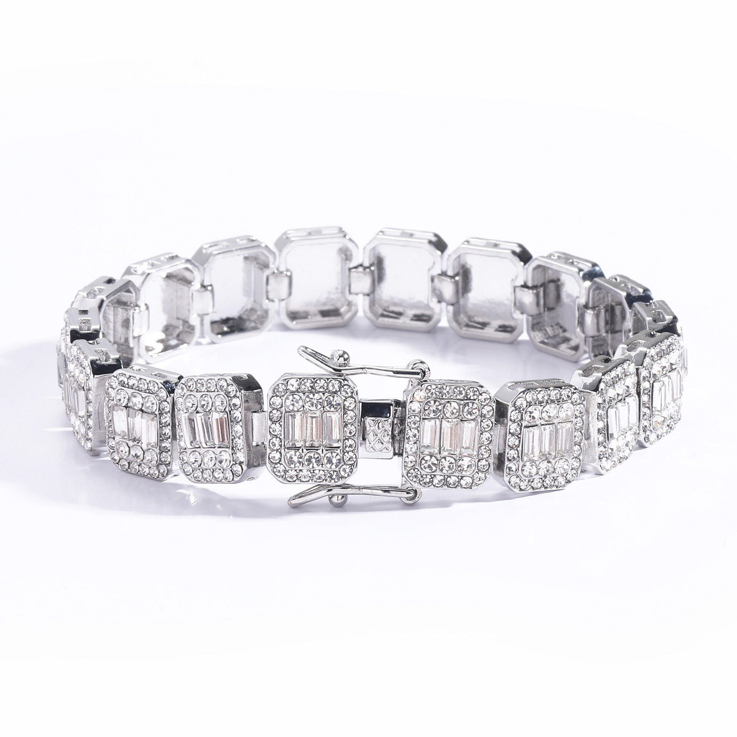 Men's Cuban Link Bracelet With Square And Round Crystals_voghion.com