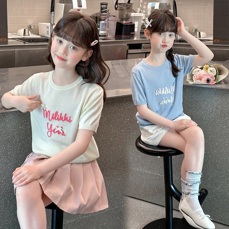 2025 New Summer Girls' Solid Color Stylish Embroidered Letter Round Neck Thin Short Sleeve Knitted Top/T-Shirt