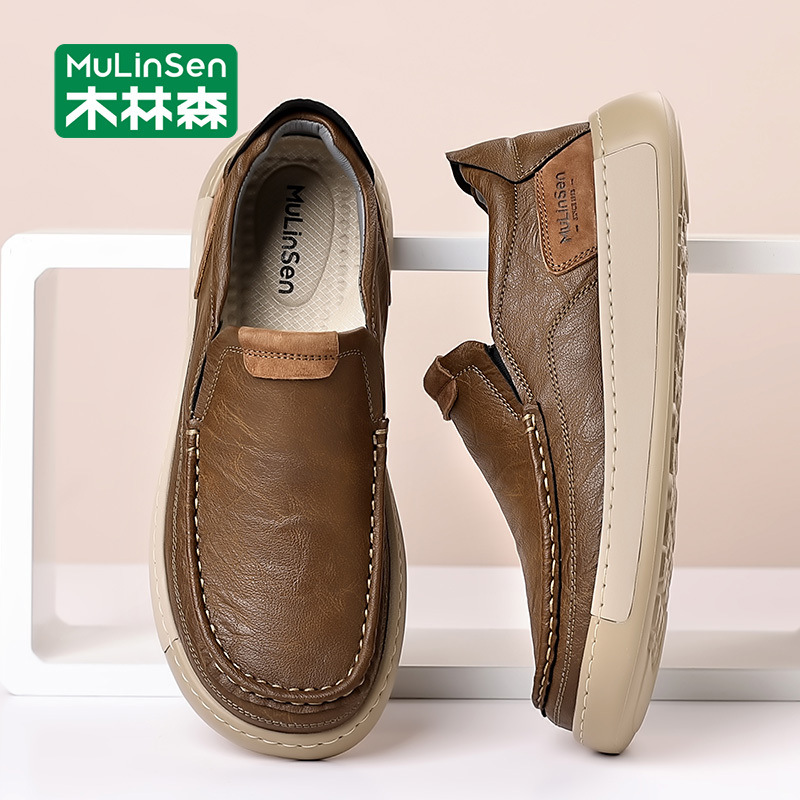 木林森软底男鞋秋冬一脚蹬复古男士皮鞋开车通勤休闲鞋爸爸豆豆鞋
