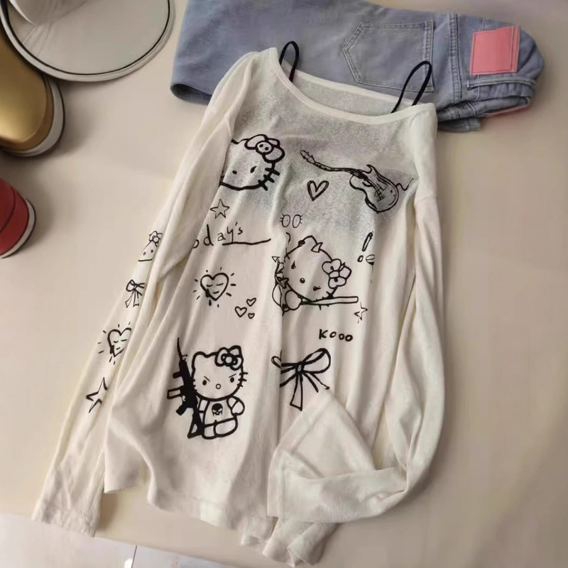 Korean Style Slim Design Sense Cute Cartoon Kt Cat Crewneck Long-sleeved T-shirt Women's Sweater Thin Loose Sunscreen Blouse Thin