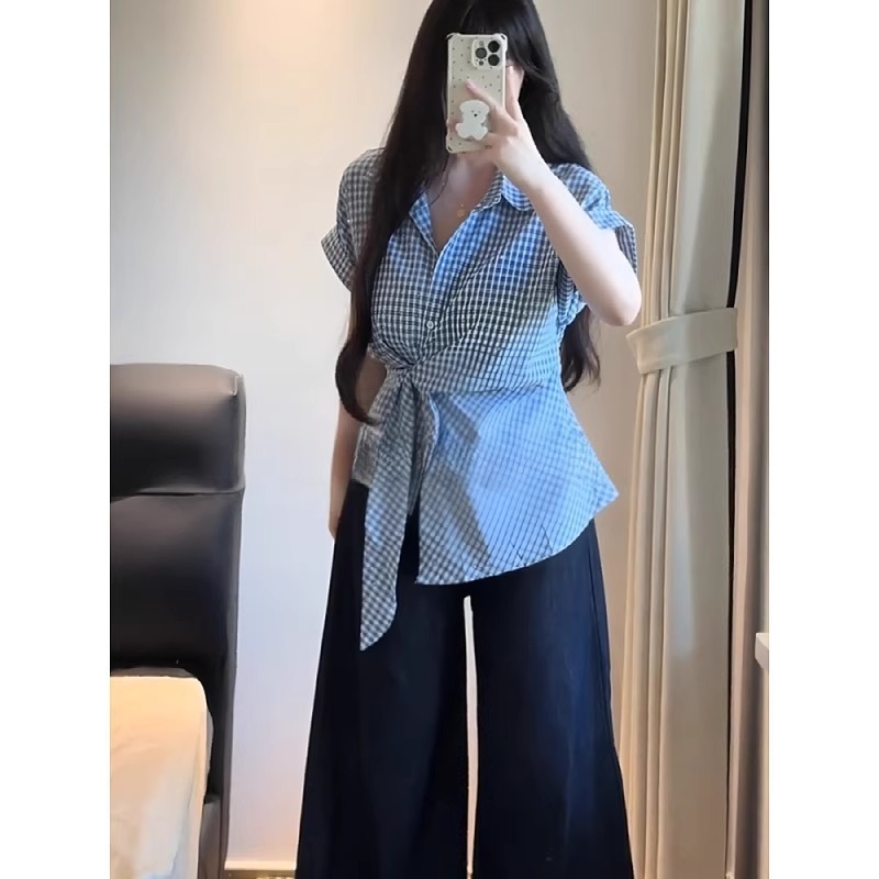大码收腰绑带短袖POLO领蓝色衬衫女装夏季显瘦中长款法式格子上衣|undefined