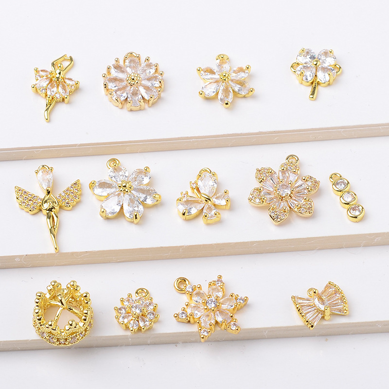 Korean Fashion Color-Preserving 18K Real Gold Pure Copper Micro-Inlaid Vintage Crown Snowflake Pendant DIY Earrings Necklace Jewelry Wholesale
