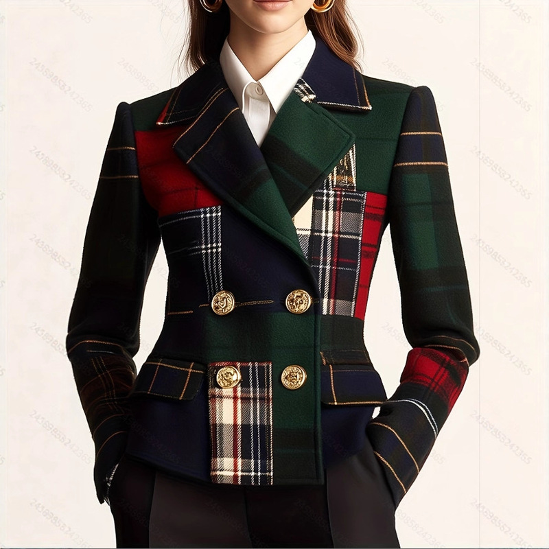 Casual Lapel Plaid Double-Breasted Woolen Blazer