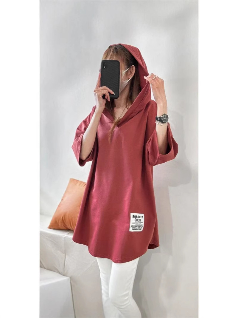 Small Fish Scale Plus Size Women's Top with Label Hooded Hem Asymmetrical T-Shirt 2025 Summer New Loose Fat mm