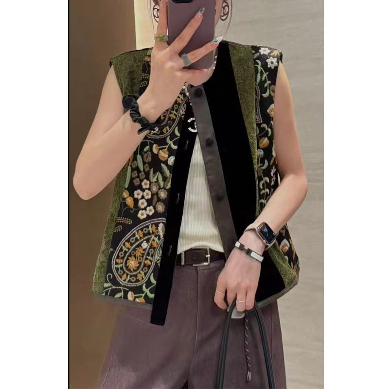 New Chinese Style National Embroidery Vest with Velvet Lace Splicing, Heavy Craftsmanship, Autumn New High-End Sleeveless Top