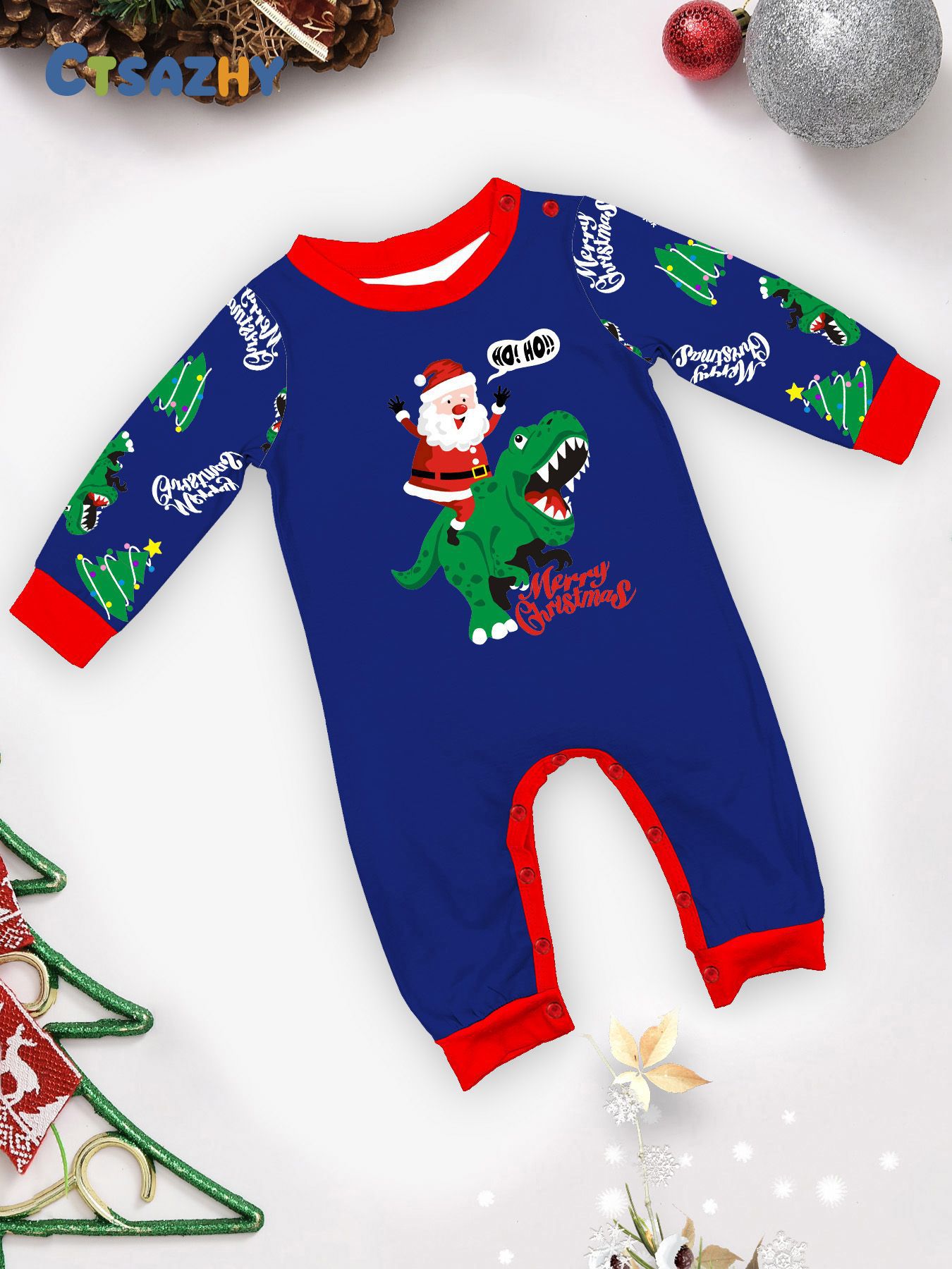 Božićna kućna odjeća Obiteljska odjeća Zelena pidžama s printom dinosaura Djeda Mraza Plavo odijelo_voghion.com