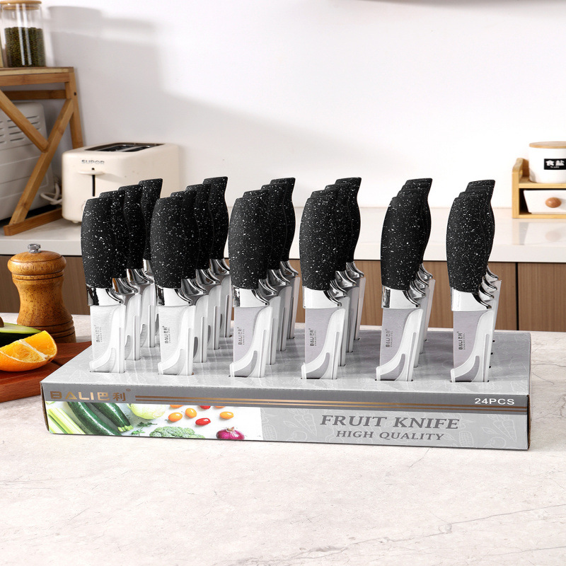 Spot al por mayor caja de exhibición de acero inoxidable herramienta galvanoplastia mango de punto de pulverización juego de cuchillos de frutas afiladas juego completo para el hogar