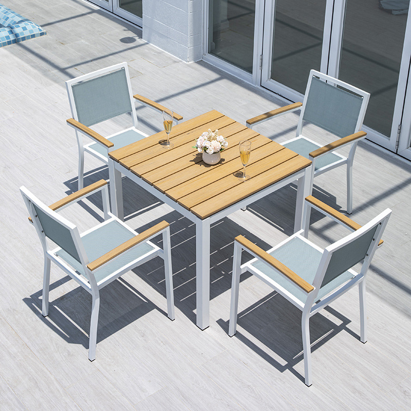 北欧户外塑木桌椅别墅庭院阳台休闲家具室外特斯林网布椅餐桌组合