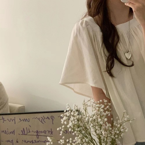 New summer slim shirt sweet commuter French puff sleeve shirt solid color top