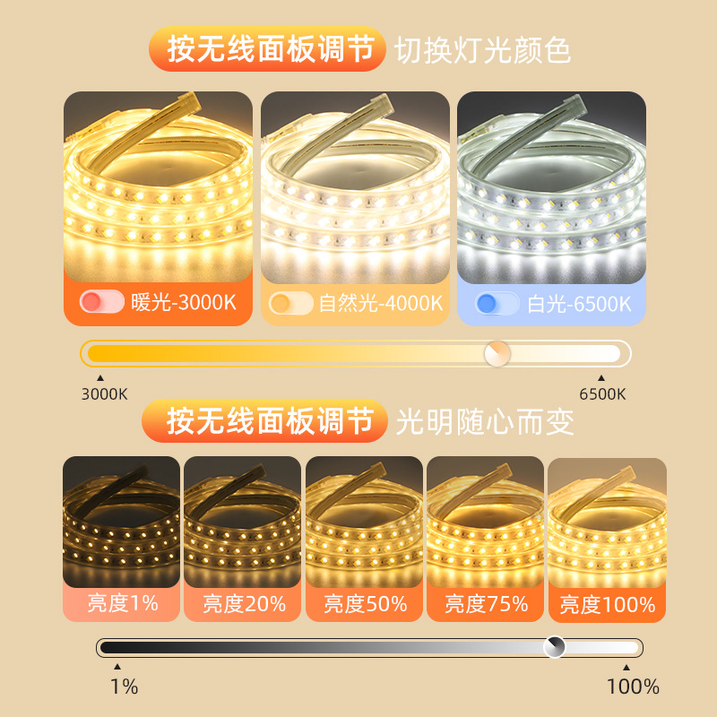 3 색 디밍 LED 스트립 220V 거실 천장 무선 패널 원격 제어 지능형 디밍 컬러 셀프 접착 라이트 바
