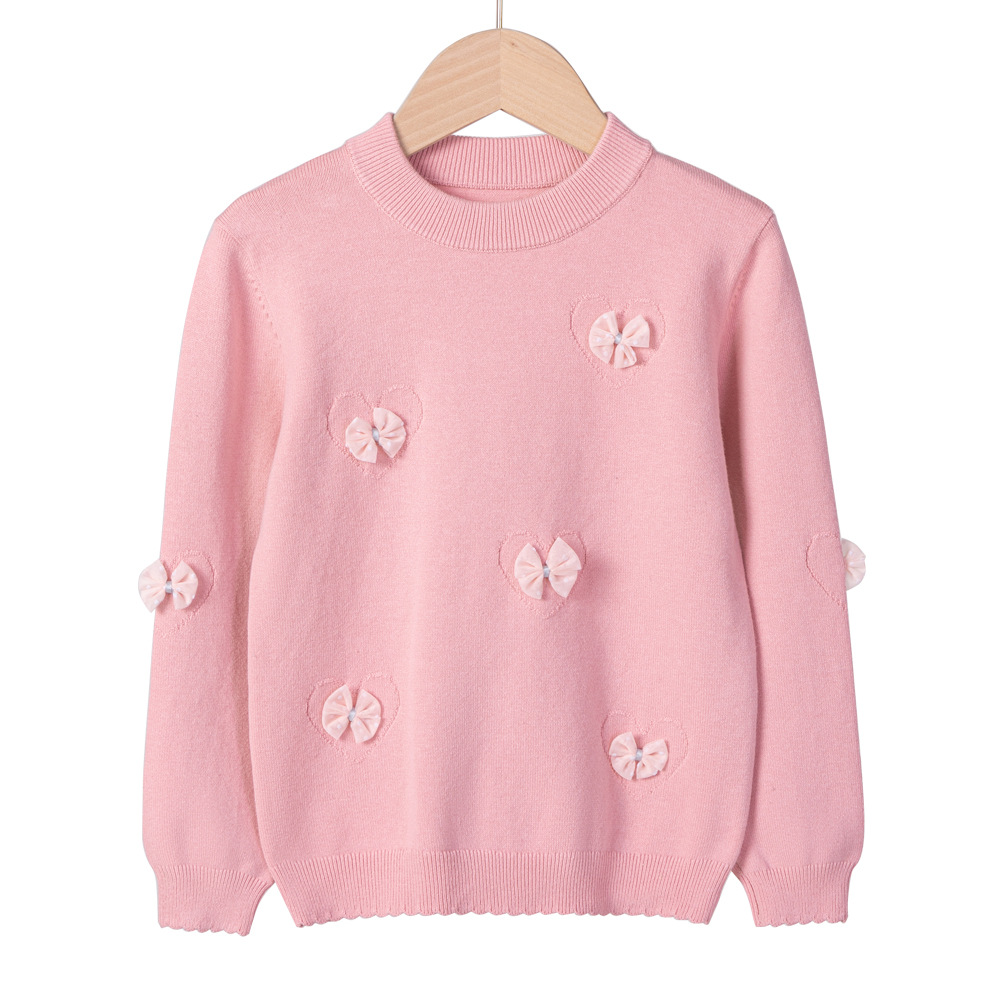 2024 nuevo estilo coreano de otoño y invierno cuello redondo amor arco niñas camisa de punto fondo suéter de niños pequeños al por mayor
