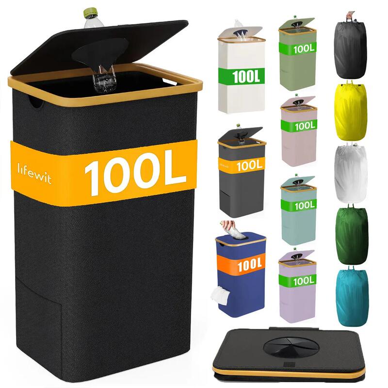 Cross-border dirty laundry basket with lid, foldable, made of bamboo and Oxford cloth, storage basket for home use with inner bag and bottle collection box Cross-border dirty laundry basket with lid, foldable, made of bamboo and Oxford cloth, storage basket for home use with inner bag and bottle collection box