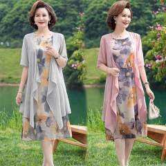 中年のお母さんの夏服のワンピースの新型の薄い気質の2つのセットの中高年の婦人服の夏のシフォンの半袖のスカート