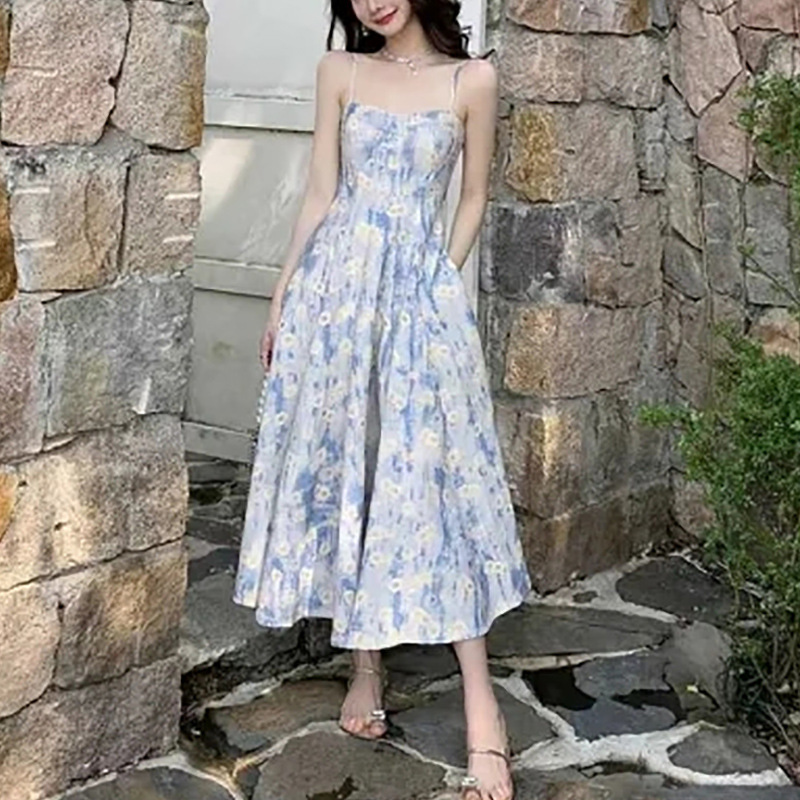 오우비크래프 오일페인팅 롱스커트 여름 신상 비치스커트 플로럴 슬립원피스 여성 프렌치 스타일 고급스러운 원피스