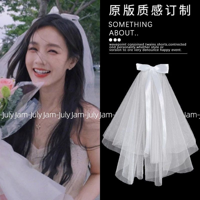 Wedding Veil Registration Props for Marriage Registration, Fairy-Like Short Style for Photoshoot, Proposal Bride Wedding Bow Headpiece, Fluffy