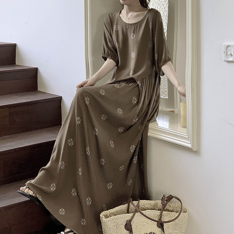 French Retro Brown Nightgown for Women Summer Puff Sleeve Cotton Silk Dress Women Summer New Loose Slimming Long Skirt