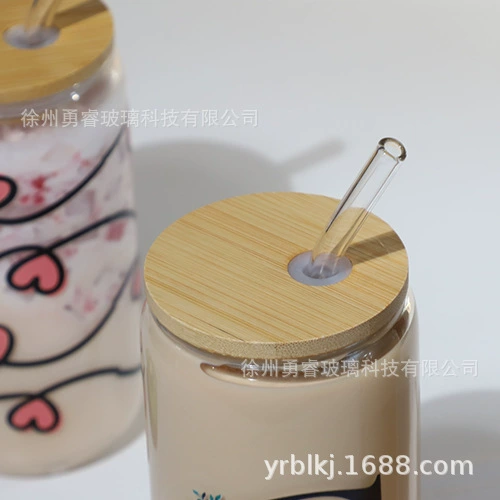 Glass Tumbler Set, 16 oz (500 ml), bamboo lid & straw, printed cola design