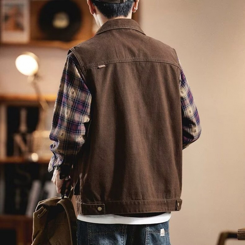 봄과 가을 신상 고급 라펠 민소매 데님 조끼 남성용 아웃도어 루즈핏 아메리칸 레트로 워크웨어 조끼