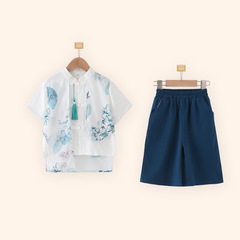 Children's Hanfu Short Sleeve Set Summer National Style New Chinese Style Pajama Top and Bottom for 5-6 Years Old Kindergarten Performance Costume