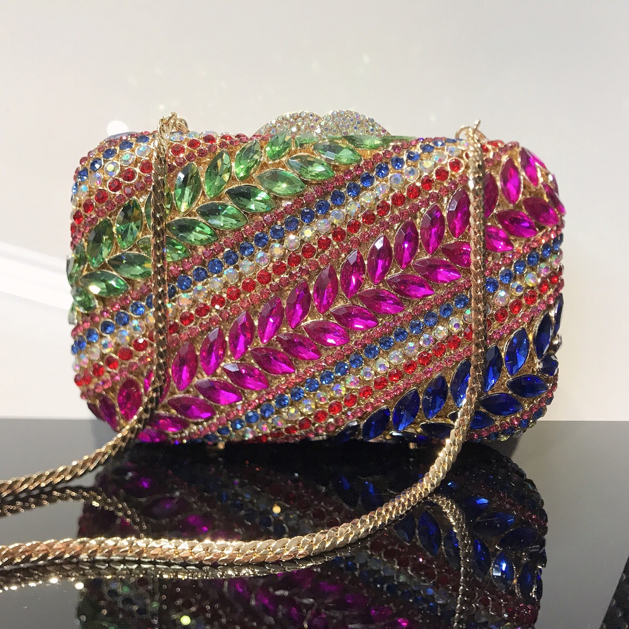 Túi clutch nữ đính đá pha lê hình bông lúa mì, cầm tay dự tiệc sang trọng — Màu đỏ hoa hồng chi tiết 5