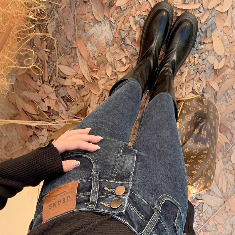 Plus Size American Style Super High Waist Skinny Jeans for Women 2025 New Autumn and Winter Petite Slim Bootcut Pencil Pants