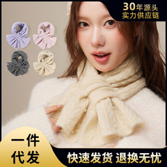 新款羊毛混纺小围巾女秋冬加厚保暖护颈针织围脖交叉穿孔防寒脖套