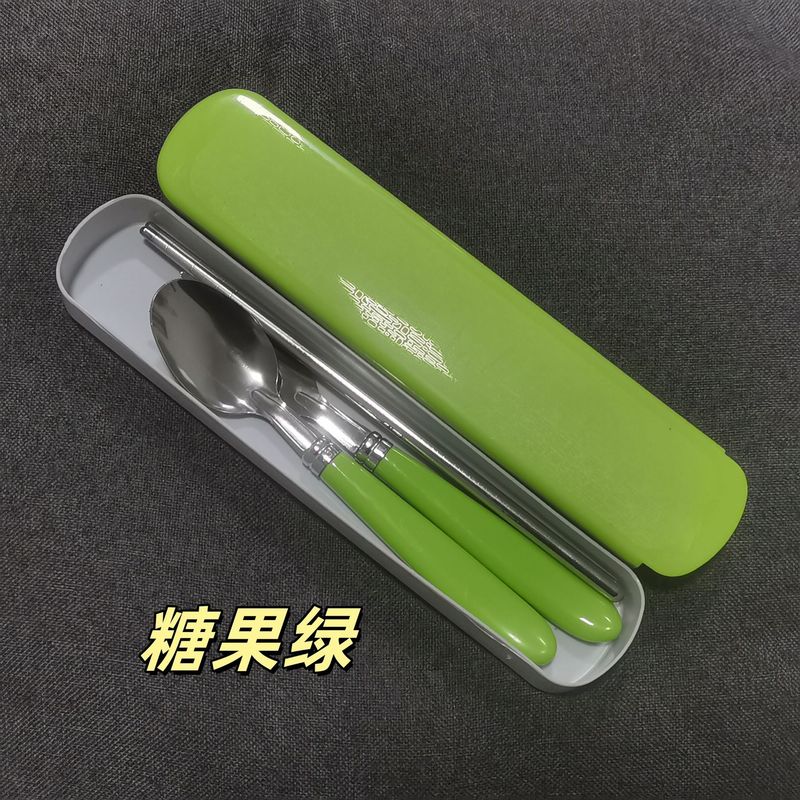 ステンレス製携帯食器、プラスチック製の持ち手付きフォーク、スプーン、箸、家庭用学生・子供用簡易食器3点セット、クロスボーダー|undefined
