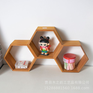 Wooden Living Room Background Wall Partition Ornaments Wall-Mounted Hexagonal Storage Rack Solid Wood Kidsren's Toy Wall Display Rack