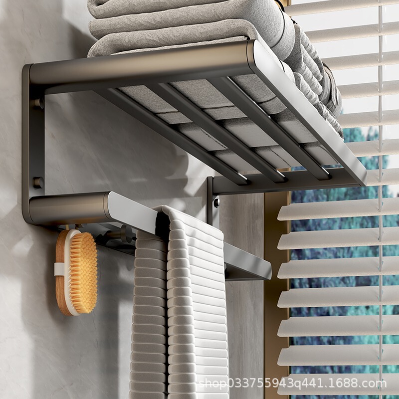 Bath Gun Grey Bath Towel Rack Light Luxury Punch-free Toilet Storage Rack Space Aluminum Bathroom Wall-mounted Towel Rack
