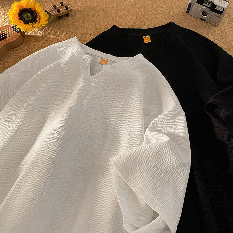 V-neck Ice Silk Short-sleeved T-shirt Men's Summer Loose Cool Men's Half-sleeved Clothes Trendy Brand Fashionable 2024 New T-shirt