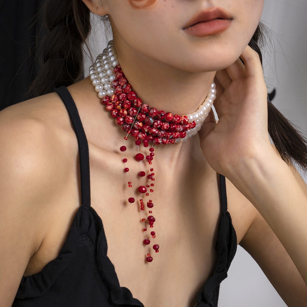 Collier ras du cou à franges en forme de goutte de sang gothique et cool pour Halloween_voghion.com