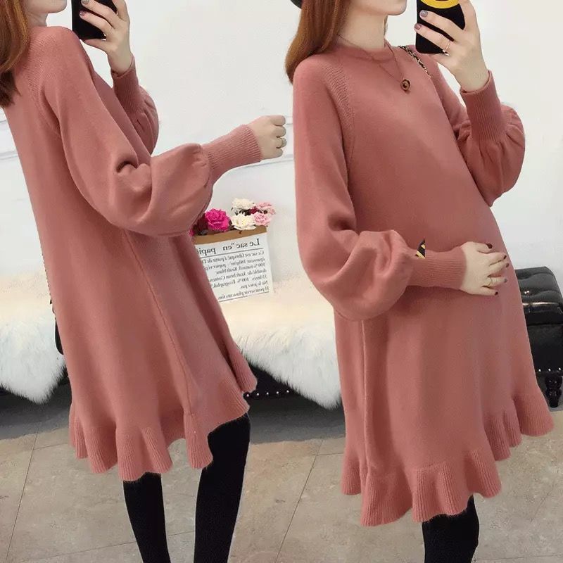 Maternity Autumn and Winter Knitted Knitwear Suit Korean Style Fashionable Mid-Length Pullover Knitwear Ruffled Large Size Dress Trendy