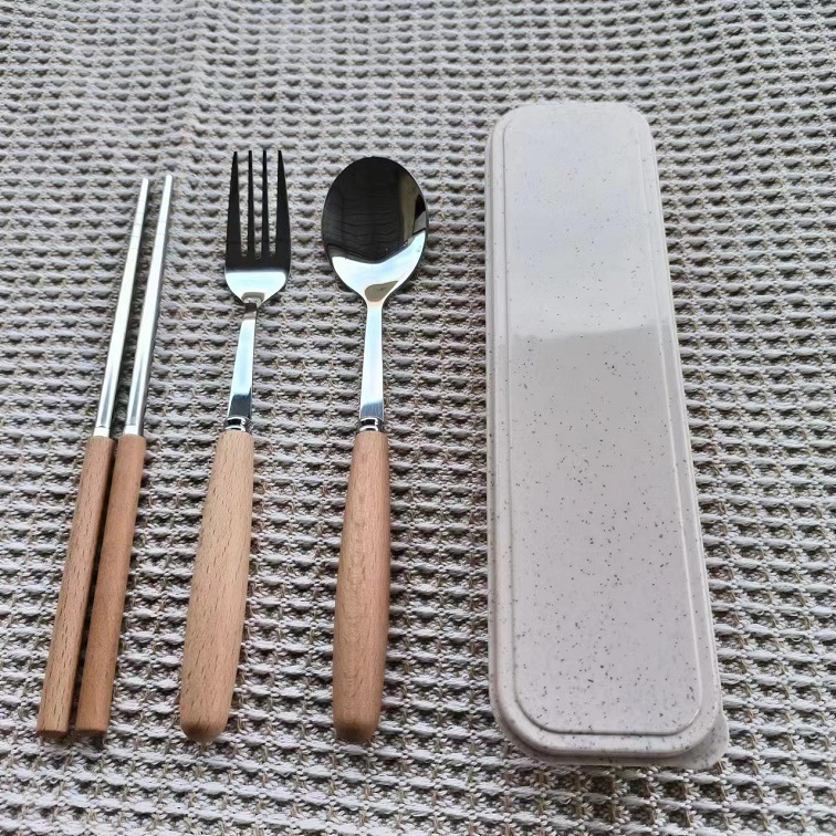 나무 손잡이 밥 상자 + 둥근 숟가락 포크 젓가락