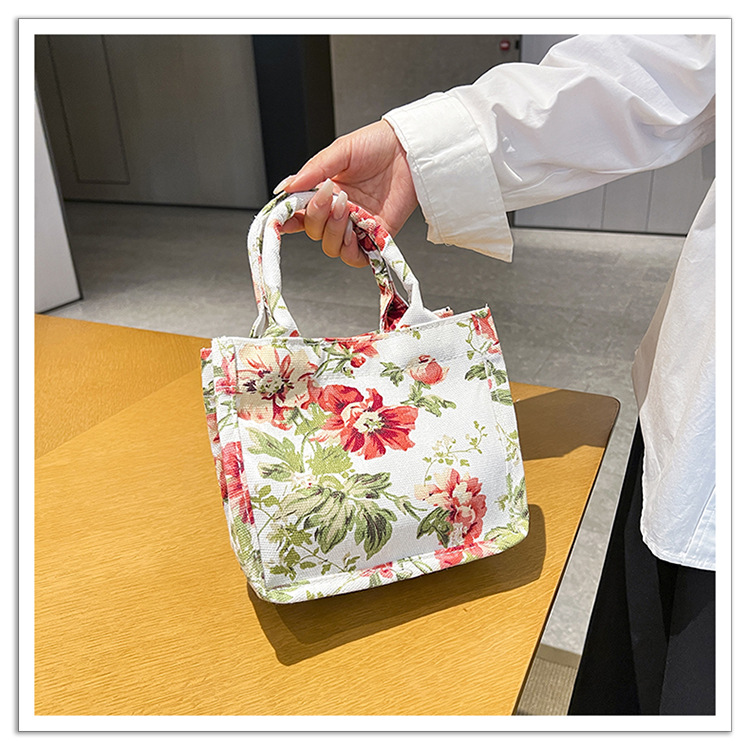 105g Weight Sewing Thread Fashion Element Magnetic Buckle Closure Type Double Handle Strap Type Handbag Bags Type Holiday, Daily Occasion Canvas Material Women's Backpack Backpack Flower Pattern All Seasons Season Women's Gender Elegant Style Square Shape Women's Canvas Flower Elegant Sewing Thread Square Magnetic Buckle Handbag 1