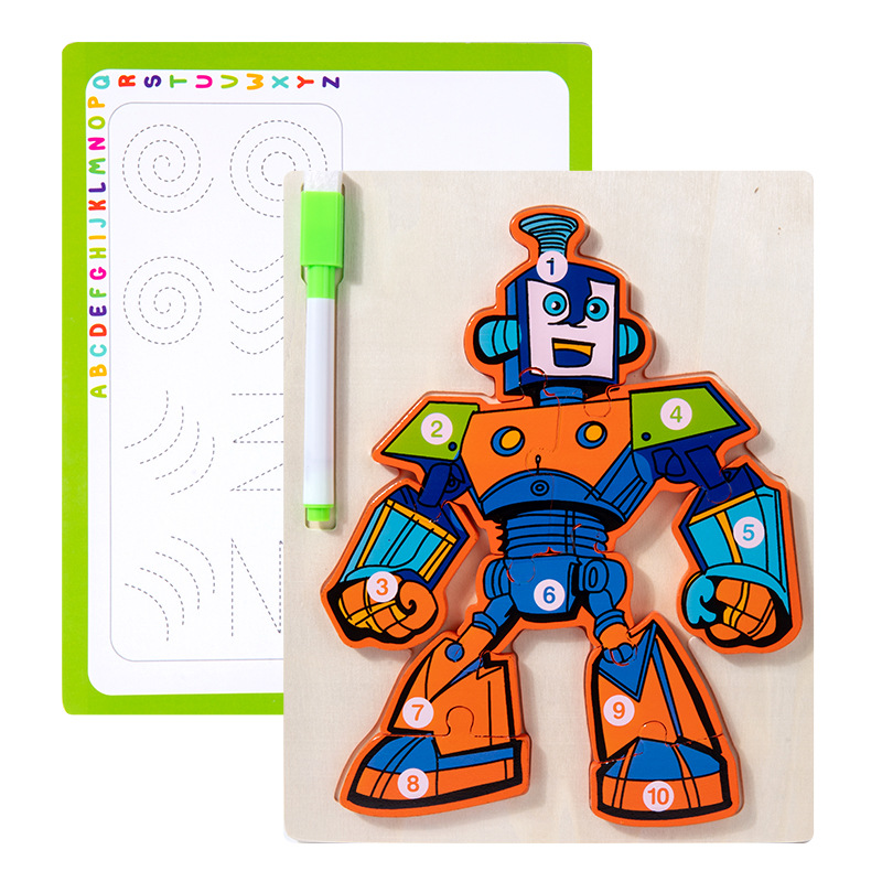 Juguetes de educación temprana de madera, rompecabezas de robots, tablero de dibujo, juguetes para niños, juguetes de rompecabezas de robots tridimensionales dos en uno